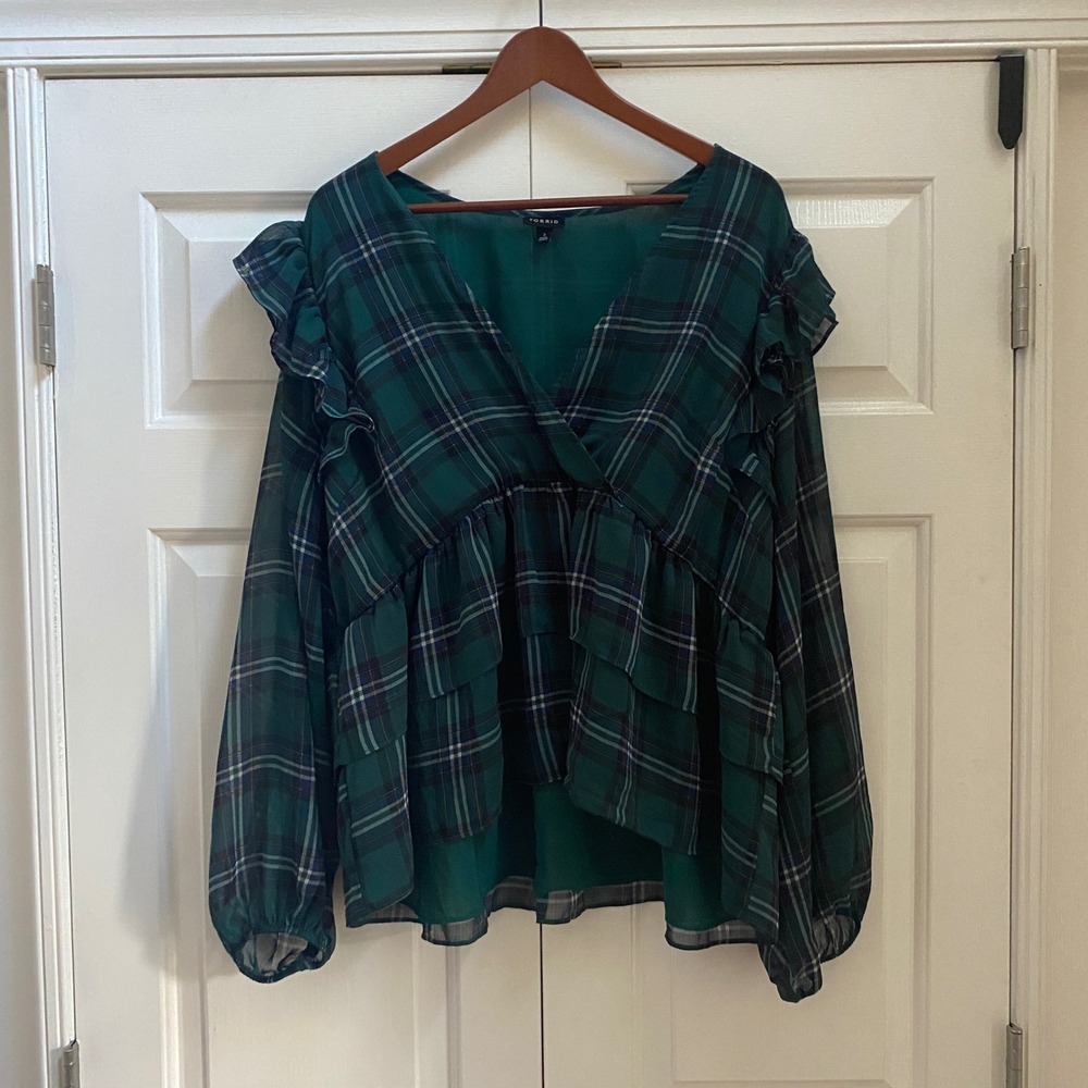 Torrid Blouse Women 3 Green Plaid Festive Ruffle Sheer Balloon Holiday Fall